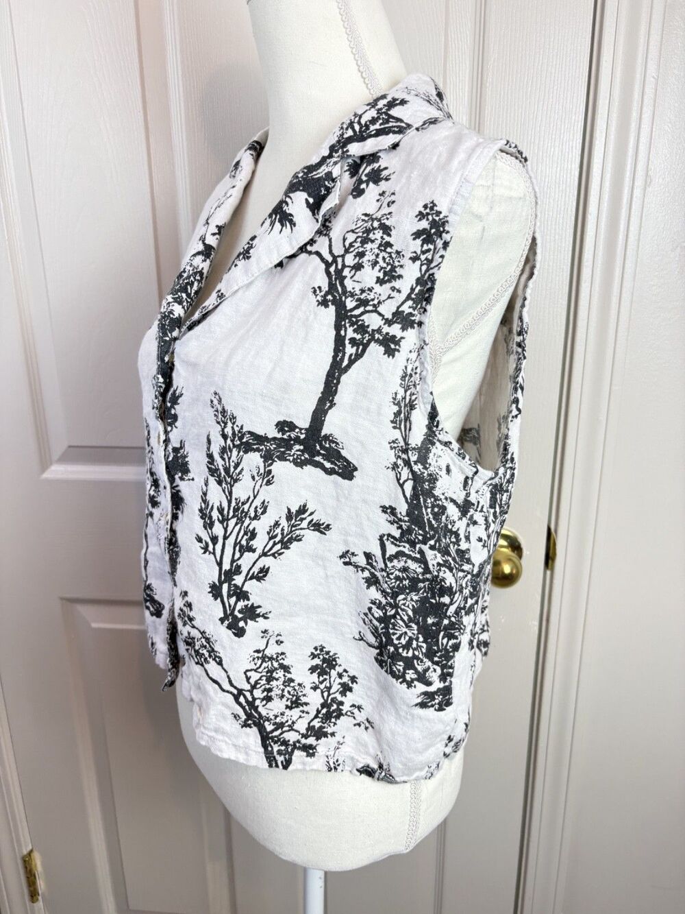 Joie 100% Linen Toile Print Black Ivory Sleeveless Button Up Large - 463 - Picture 3 of 6